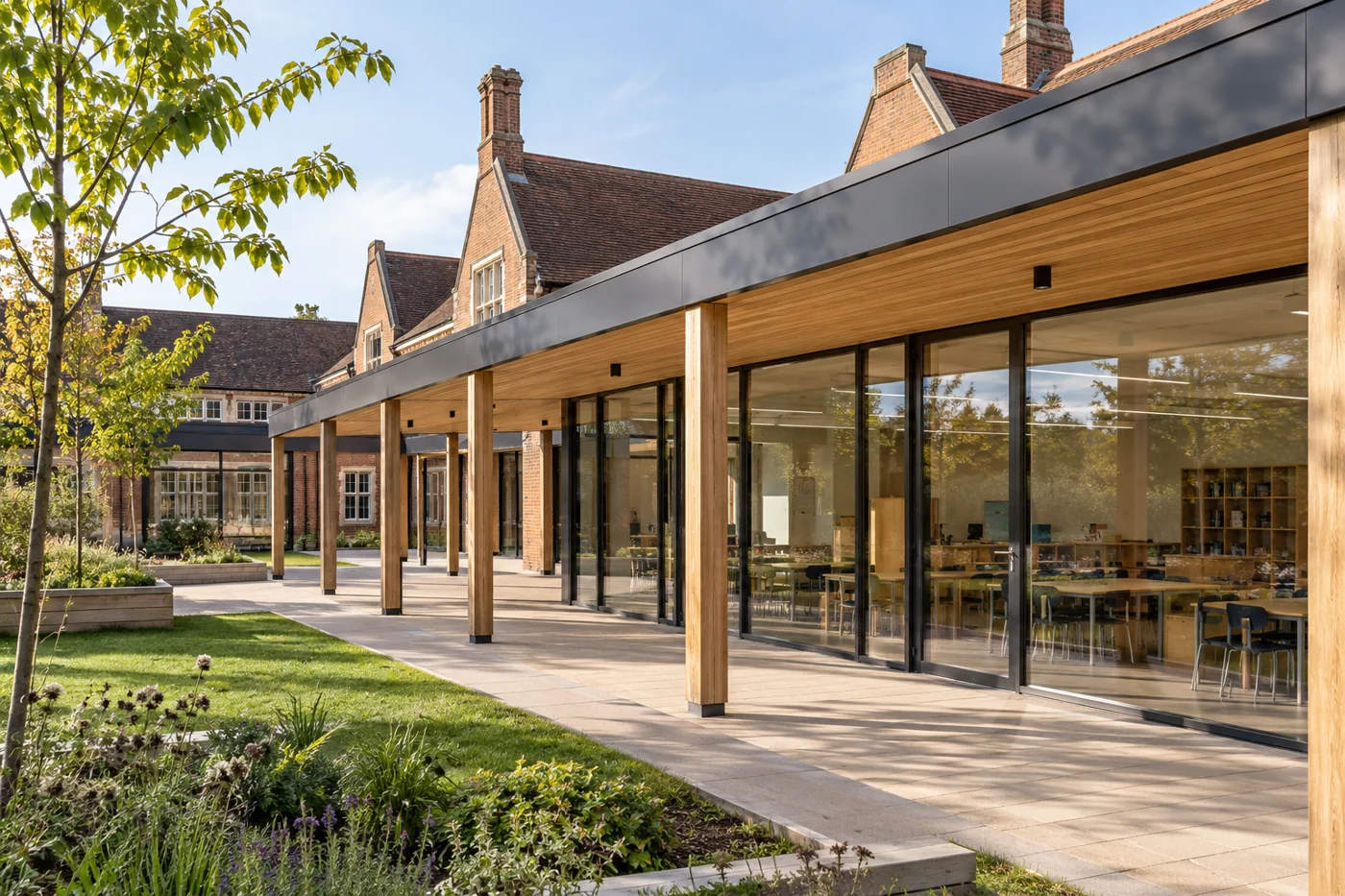 Illustrative school extension with covered walkway